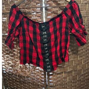 Hot Topic Red Black Plaid Off Shoulder L milkmaid grunge